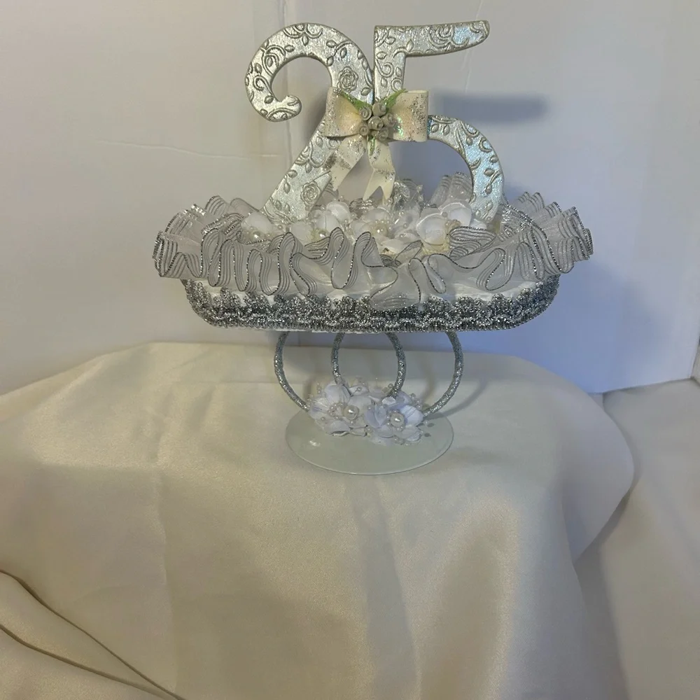 Elegant Silver 25th Anniversary Cake Topper with Bow